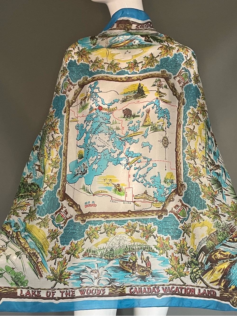 Rare Vintage Lake of the Woods Canada Souvenir Silk Scarf 31 In Sq Good Cond